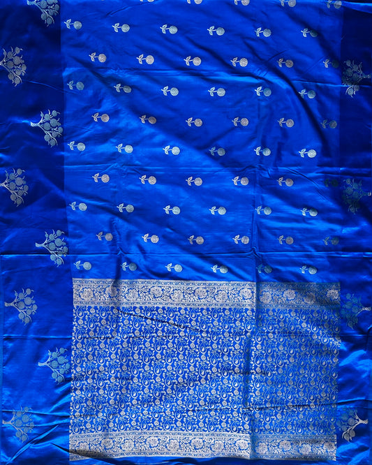 BLUE PURE MASHRU SATIN SILK SAREE WITH ALLOVER ANTIQUE ZARI FINE WEAVING FLOWERS