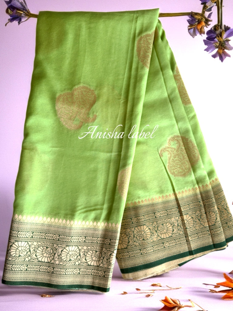 STUNNING COMBINATIONS PASTEL GREEN AND DARK-GREEN BANARASI ALLOVER GOLD ZARI WEAVING WITH RICHPALLU AND BLOUSE WITH SMALL BUTISSâ¨