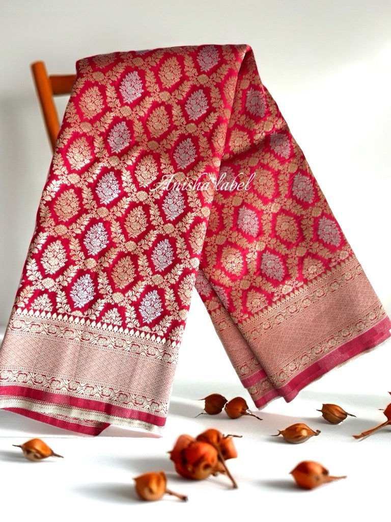 “Rich Red Banarasi Saree with Gold and Silver Zari Weaving Allover Design with Richpallu and blouse”