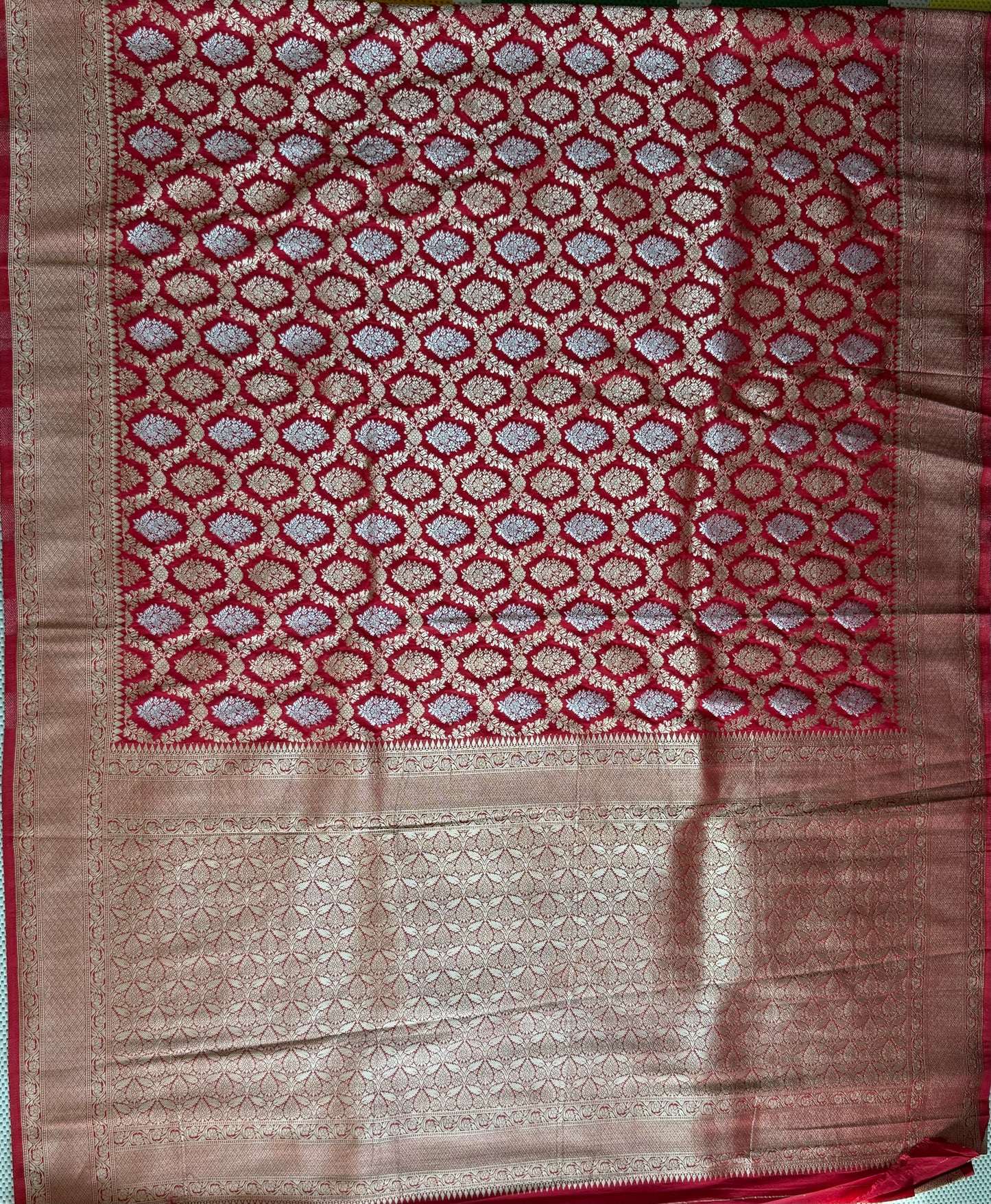“Rich Red Banarasi Saree with Gold and Silver Zari Weaving Allover Design with Richpallu and blouse”