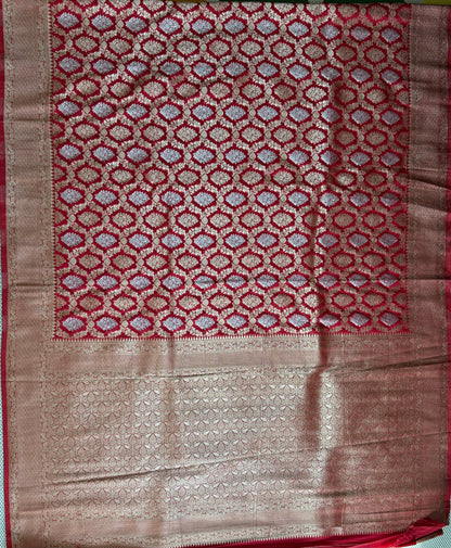 “Rich Red Banarasi Saree with Gold and Silver Zari Weaving Allover Design with Richpallu and blouse”