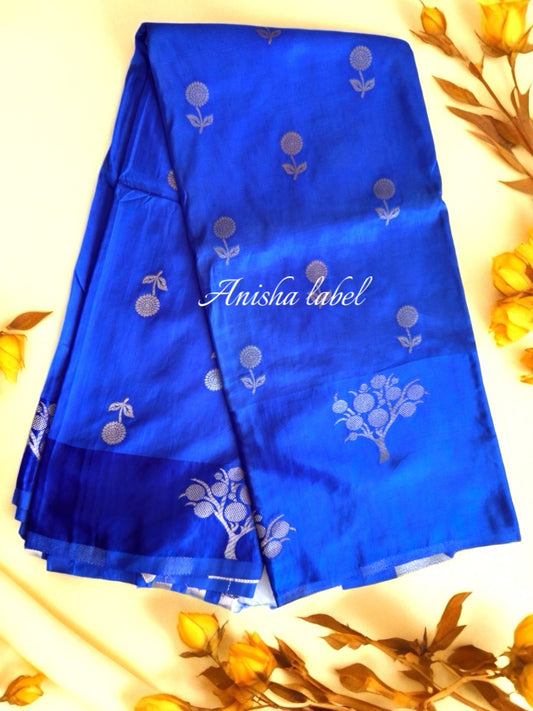 BLUE PURE MASHRU SATIN SILK SAREE WITH ALLOVER ANTIQUE ZARI FINE WEAVING FLOWERS
