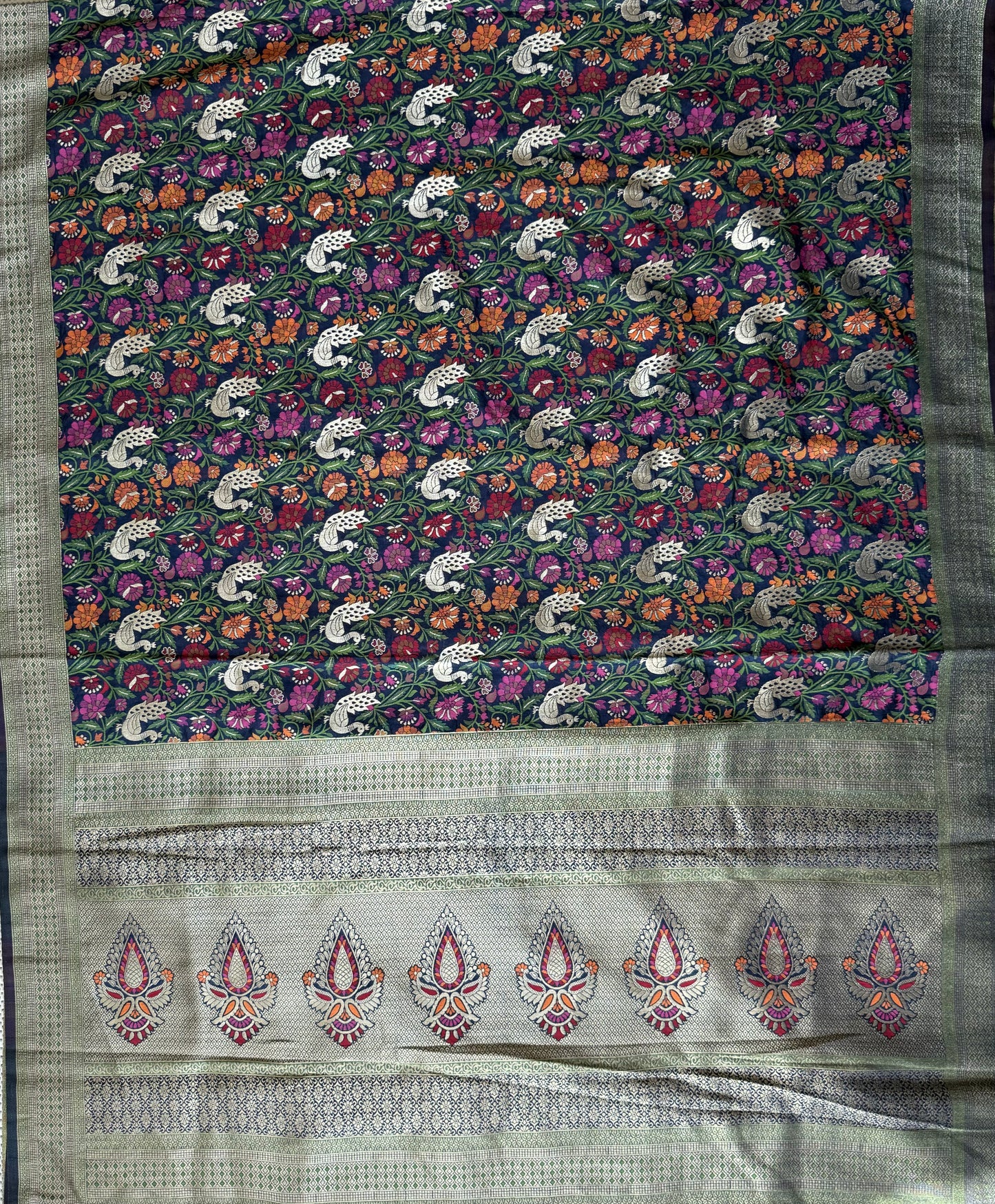 NAVY BLUE DESINER PEACOCK ALLOVER BANARASI ZARI WEAVING SAREE WITH BLOUSE✨