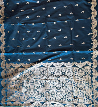 Teal Blue Banarasi work Floral Motifs and Scallop Border with Rich Pallu and blouse ”
