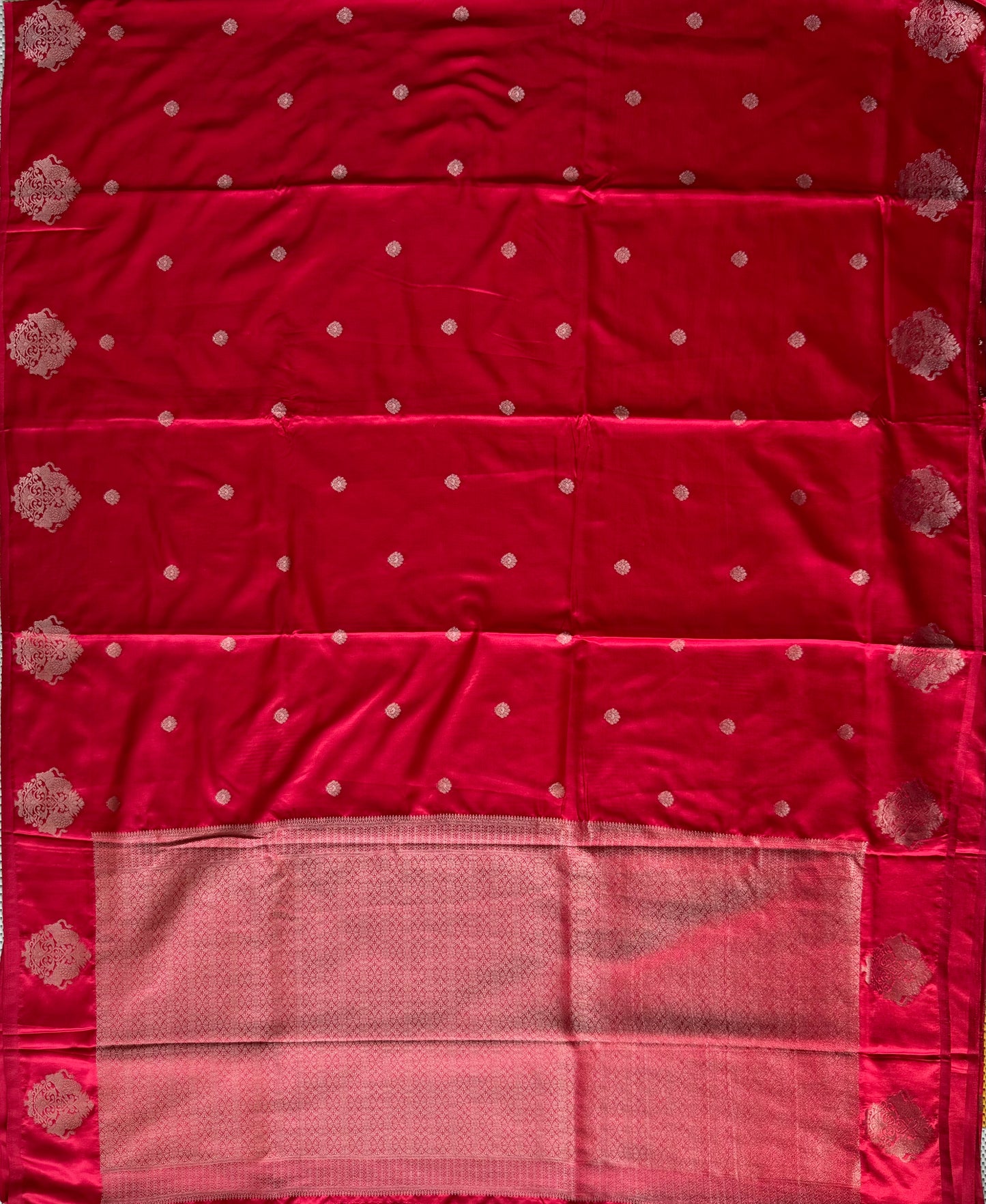 RED PURE MASHRU SATIN SILK SAREE WITH ALLOVER ANTIQUE ZARI FINE WEAVING FLOWERS