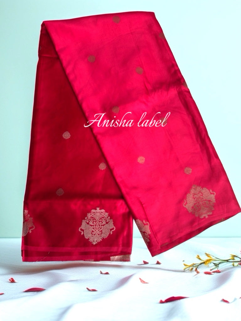 RED PURE MASHRU SATIN SILK SAREE WITH ALLOVER ANTIQUE ZARI FINE WEAVING FLOWERS