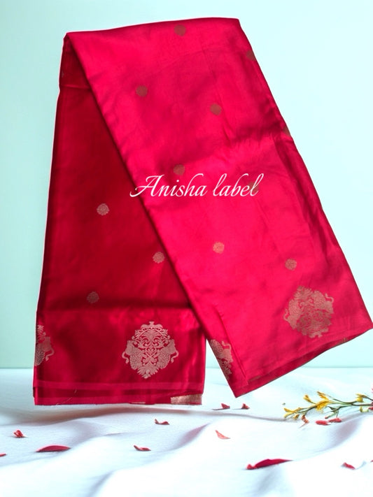 RED PURE MASHRU SATIN SILK SAREE WITH ALLOVER ANTIQUE ZARI FINE WEAVING FLOWERS