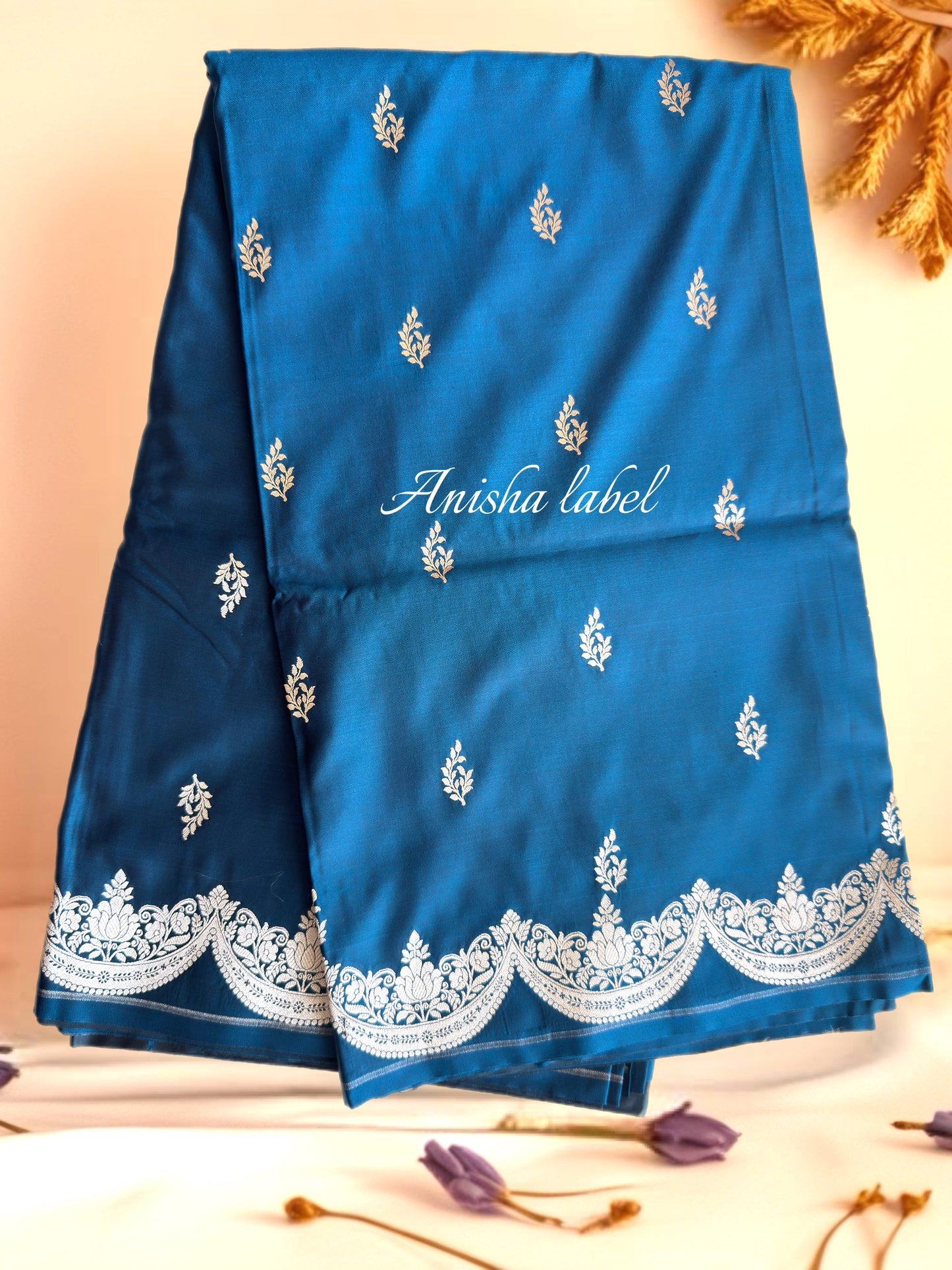 Teal Blue Banarasi work Floral Motifs and Scallop Border with Rich Pallu and blouse ”