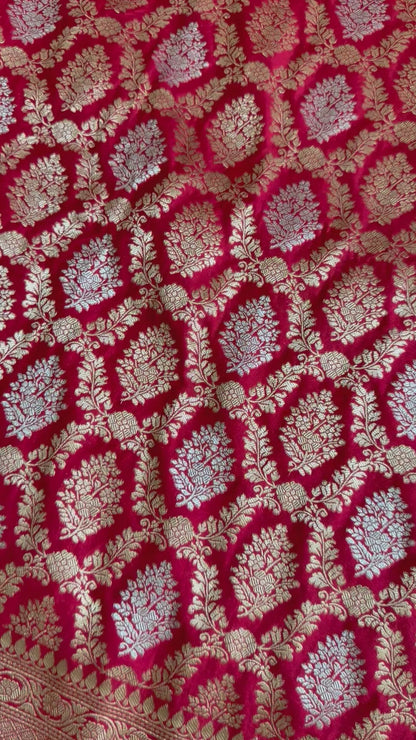 “Rich Red Banarasi Saree with Gold and Silver Zari Weaving Allover Design with Richpallu and blouse”